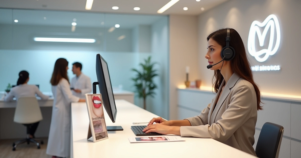 Recepcionista de clínica odontológica usando script de atendimento ao falar com paciente sobre lentes de contato dental 