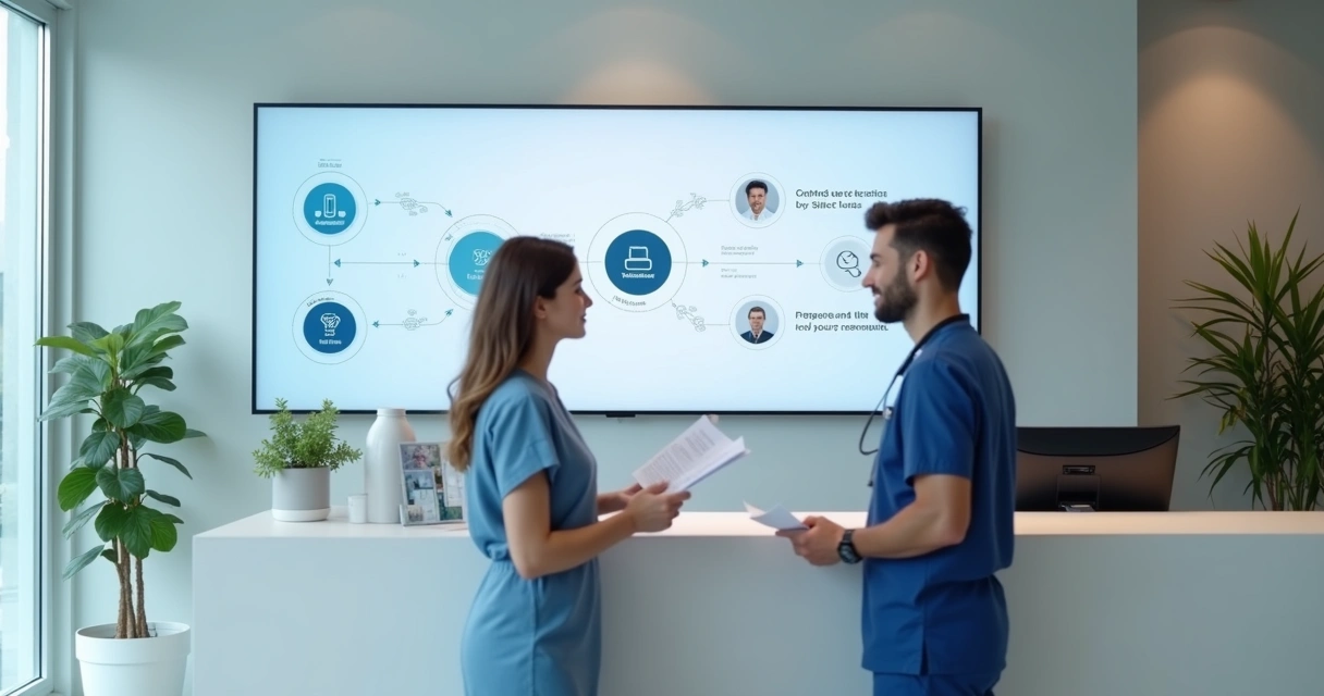 Fluxo de atendimento em consultório médico, com secretária recebendo paciente e monitor com etapas do processo 