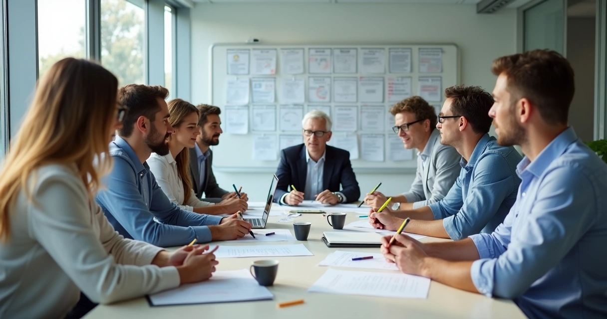 Equipe de vendas em treinamento prático, analisando um script em conjunto. 
