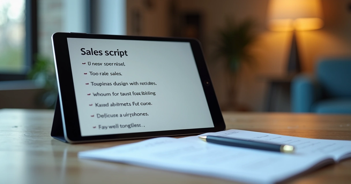 Tablet mostrando script de vendas personalizado ao lado de anotações 