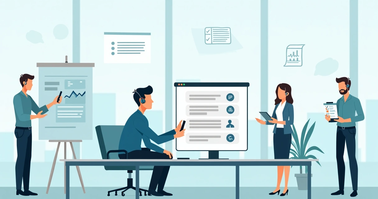 Vendedor em ligação usando script de vendas em escritório moderno 