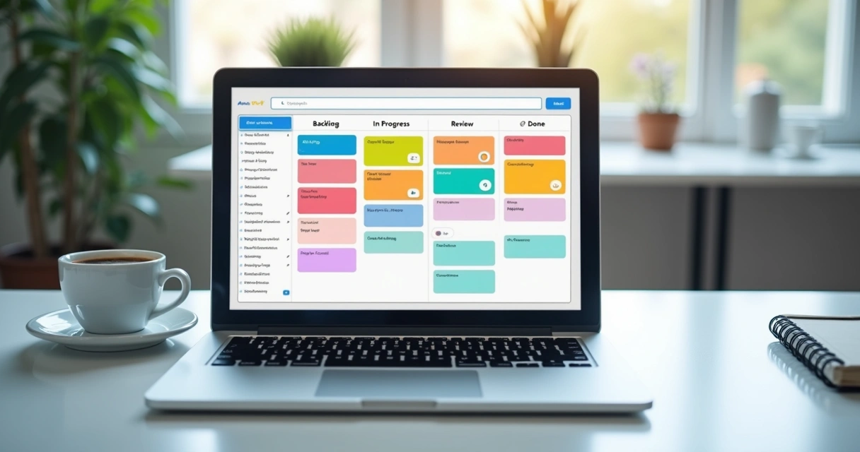 Agile scrum board with columns and digital cards on a laptop screen 