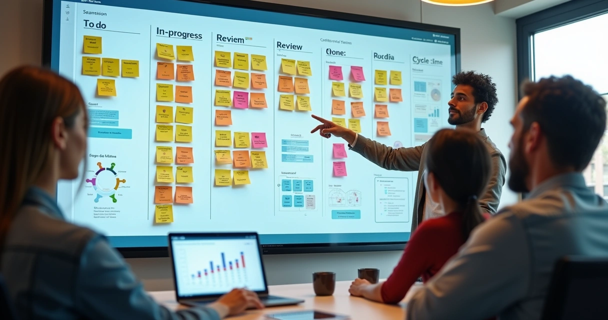 Quadro de tarefas Scrum com métricas visíveis 