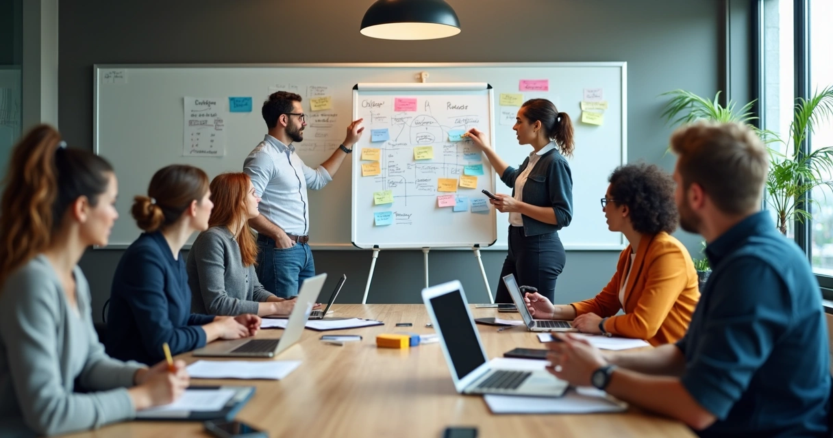 Equipe reunida em ambiente de tecnologia, discutindo Scrum ao redor de quadro com post-its de tarefas de desenvolvimento