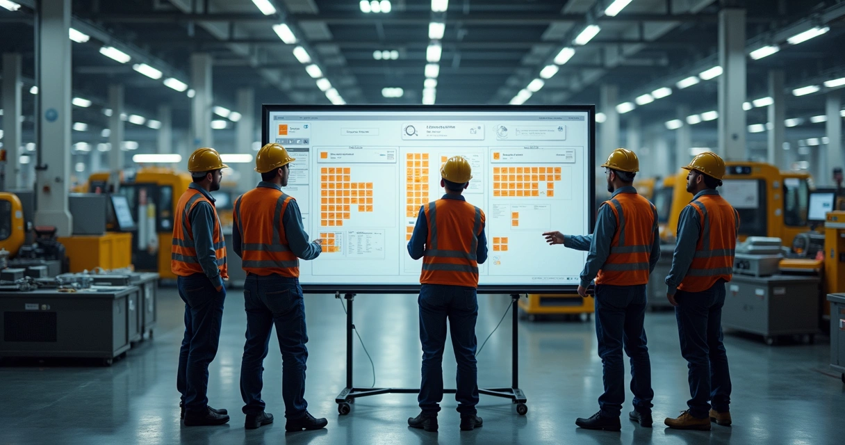 Equipe de fábrica reunida em painel Scrum avaliando tarefas semanais 