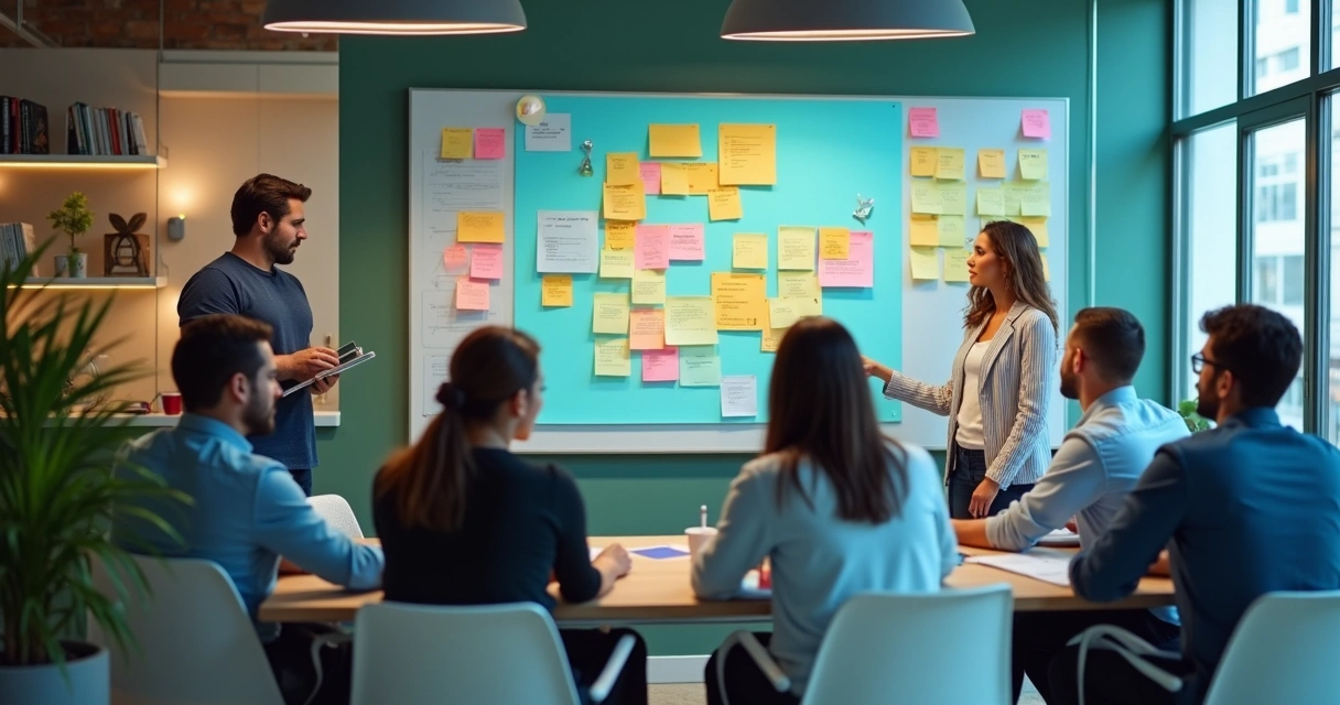 Equipe de RH em reunião em volta de quadro kanban com cartões coloridos 