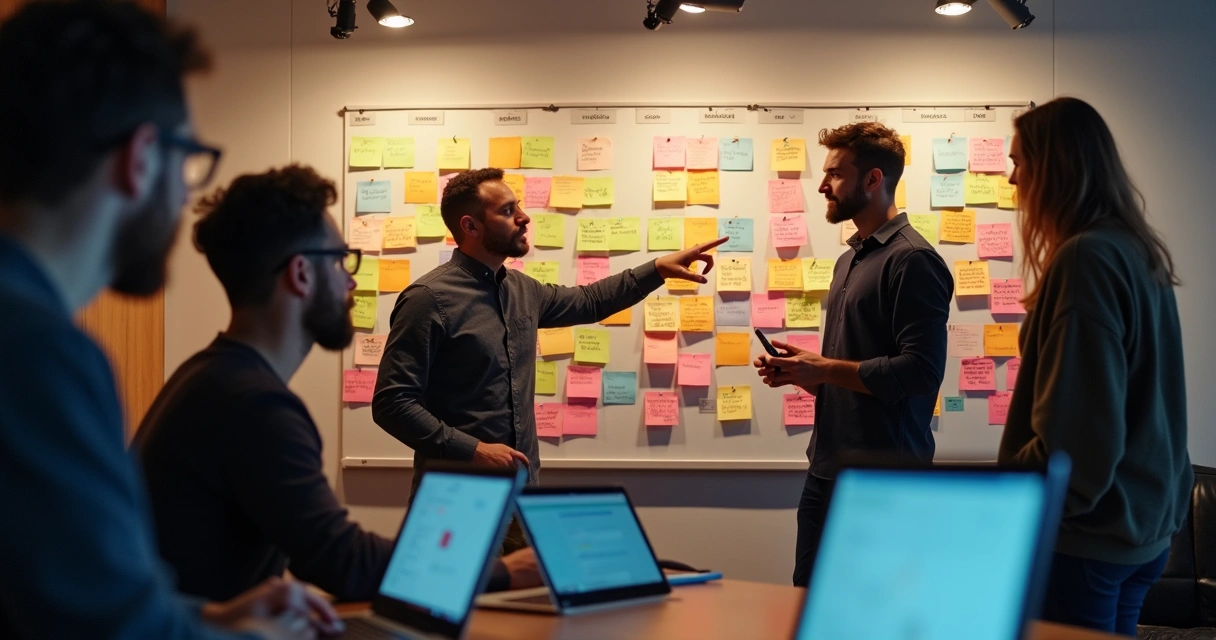 Scrum board com equipe discutindo tarefas de app