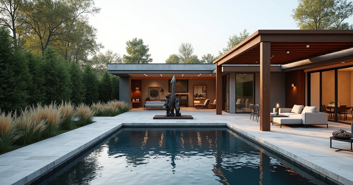 Modern sculpture near a wooden pergola by the pool 