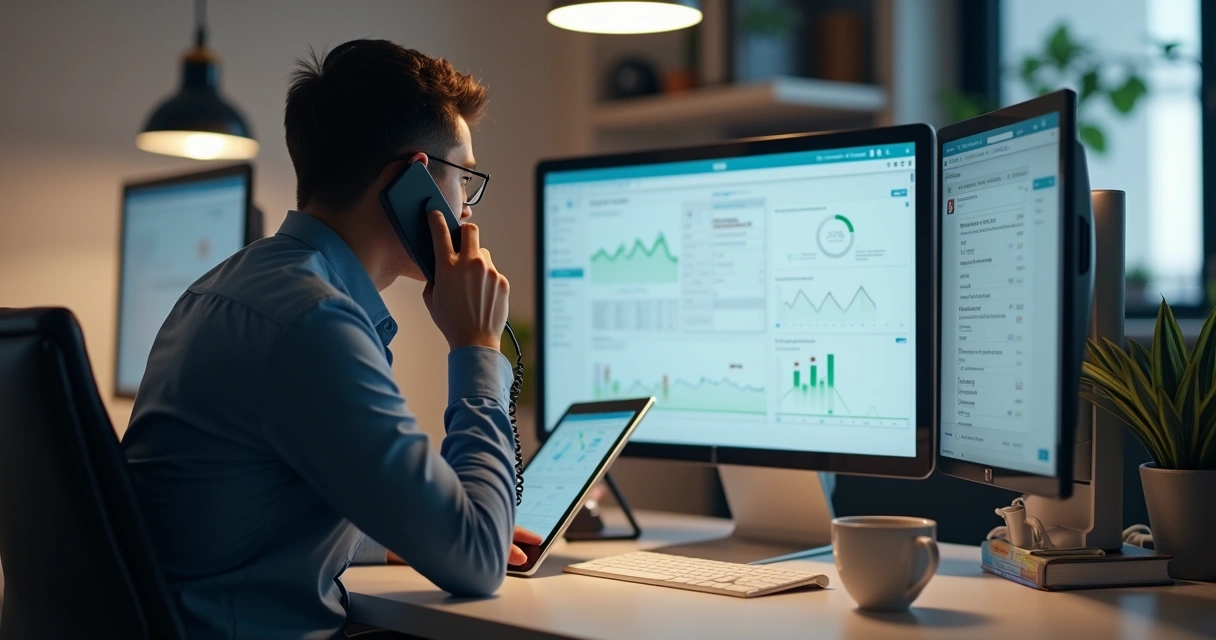 Pessoa ao telefone em ambiente profissional com tela de CRM aberta 