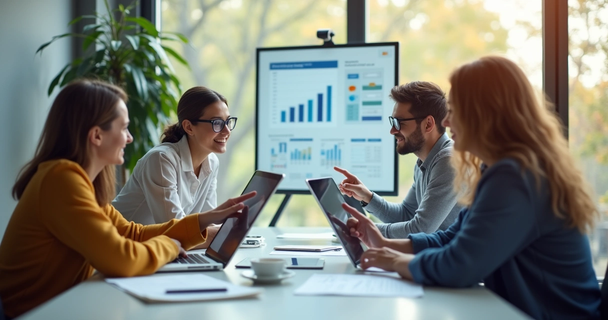 Equipe comercial analisando dados de leads em volta de uma mesa de reuniões 