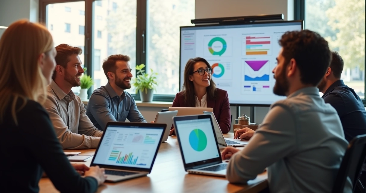 SDRs reunidos em sala de reunião acompanhando dados no laptop 