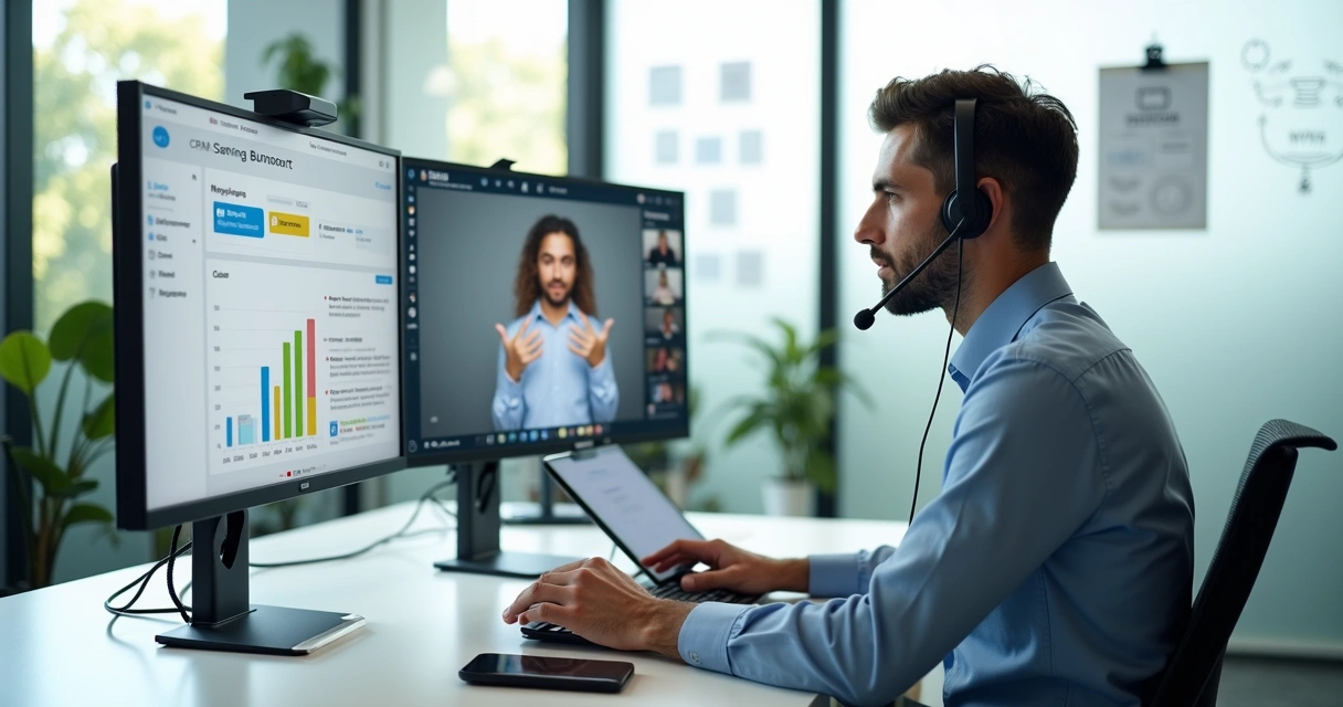 SDR em videoconferência guiando lead pelo funil de vendas em ambiente de escritório moderno 