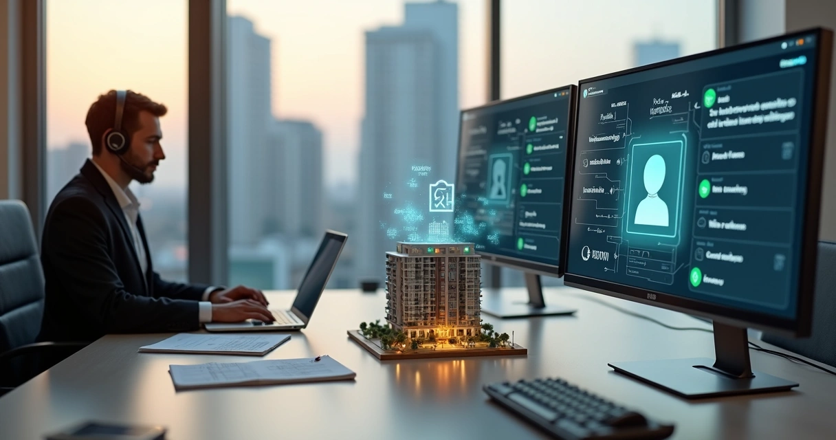 Mesa dividida entre SDR humano e assistente de IA qualificando leads imobiliários 