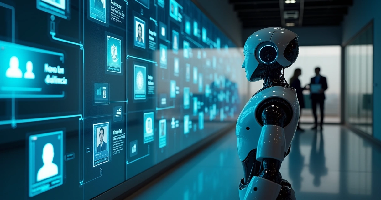 Robô SDR de IA fazendo prospecção com telas holográficas em ambiente corporativo 