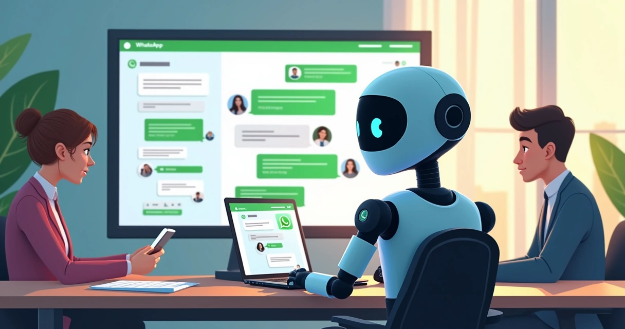 Robô virtual interagindo com clientes em celulares, balões de mensagem no WhatsApp, interface de CRM ao fundo, equipe observando interações