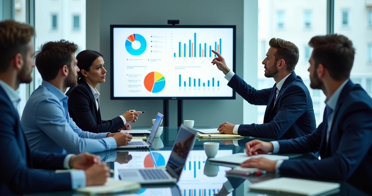 Equipe comercial em reunião, com gráficos e tabelas na tela do computador 