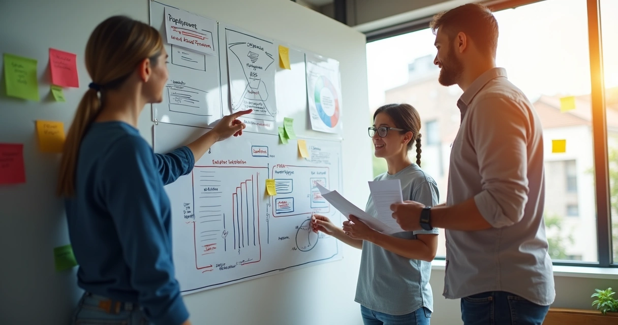 Profissional de vendas dividindo tarefas em um quadro branco com funil de vendas desenhado 