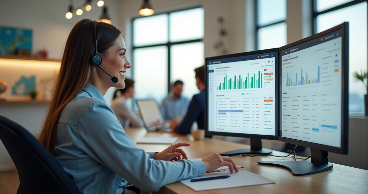 SDR de turismo conectando-se com leads em estação de trabalho moderna 