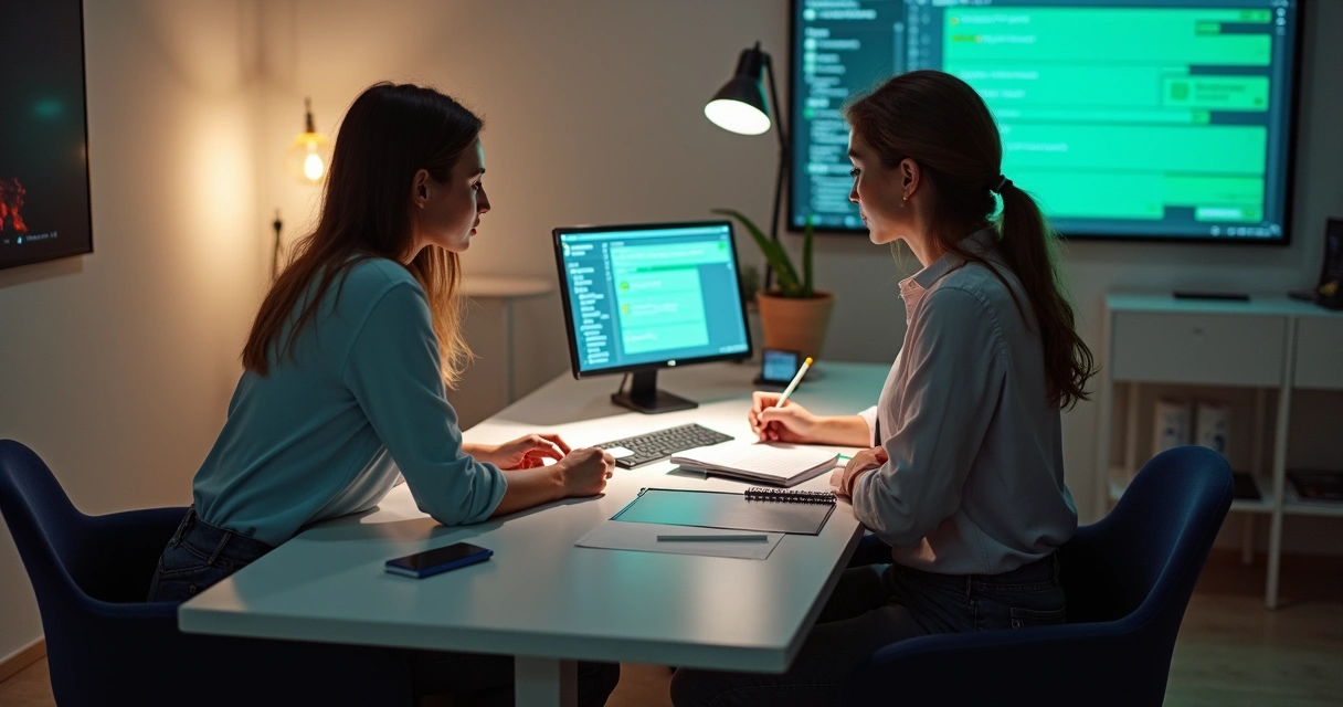 Duas pessoas sentadas em uma mesa analisando leads em um notebook