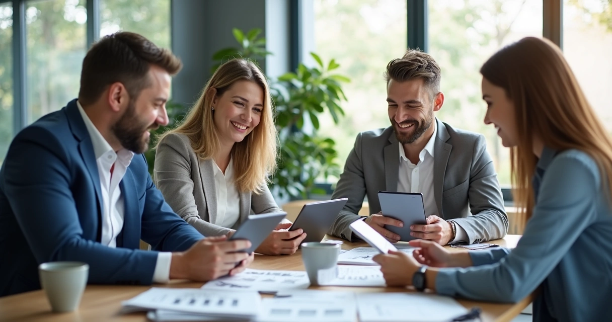 SDRs em uma mesa discutindo leads imobiliários com tablets e anotações 