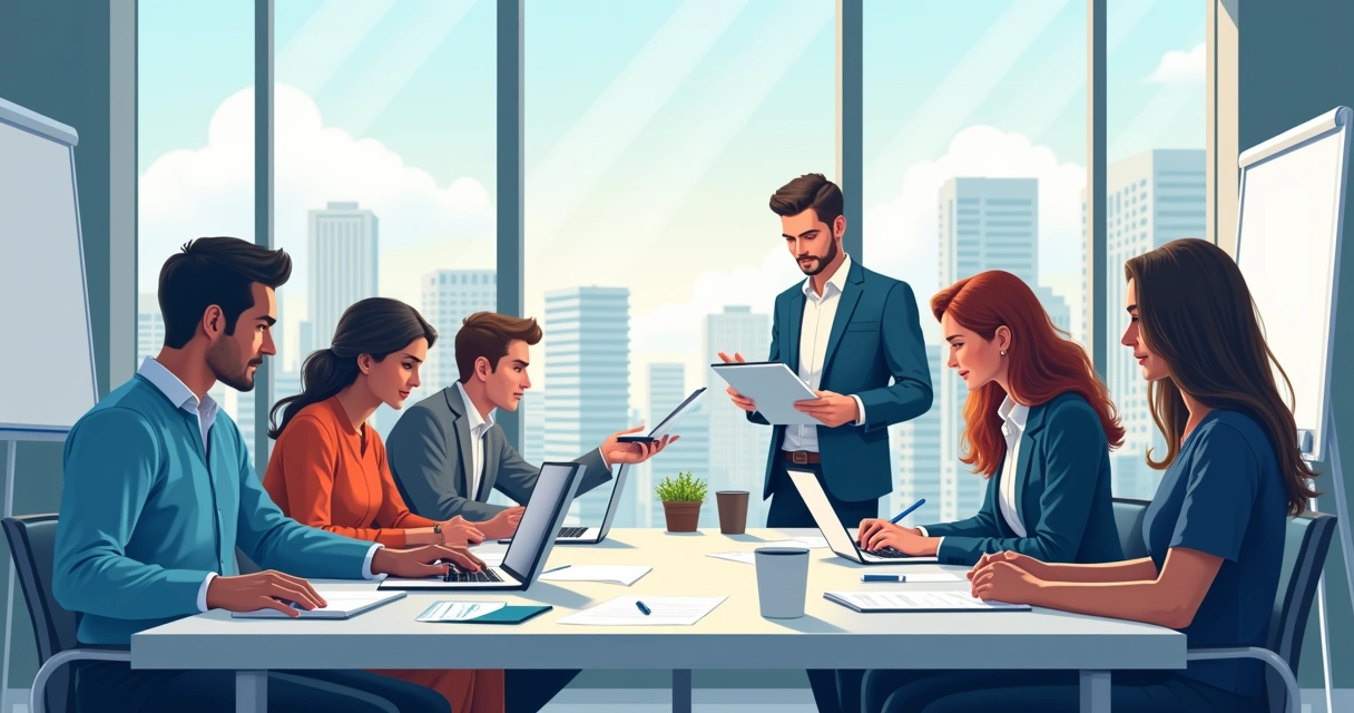 Equipe de SDRs e executivos de vendas em reunião de estratégia B2B 