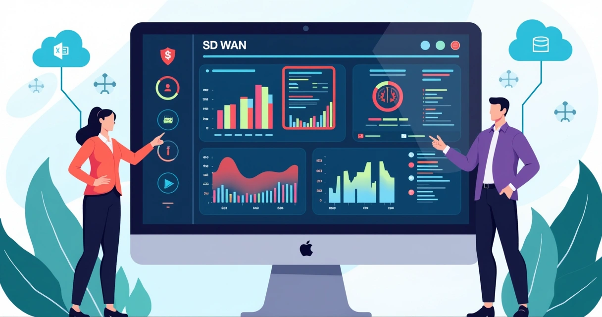 Painel de SD-WAN com gráficos, mapas de links e notificações de segurança em um monitor 