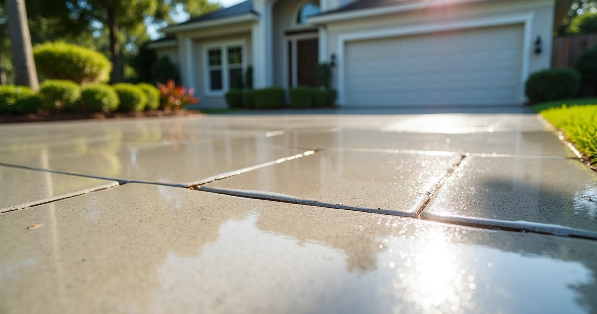 Sealed concrete driveway with glossy finish
