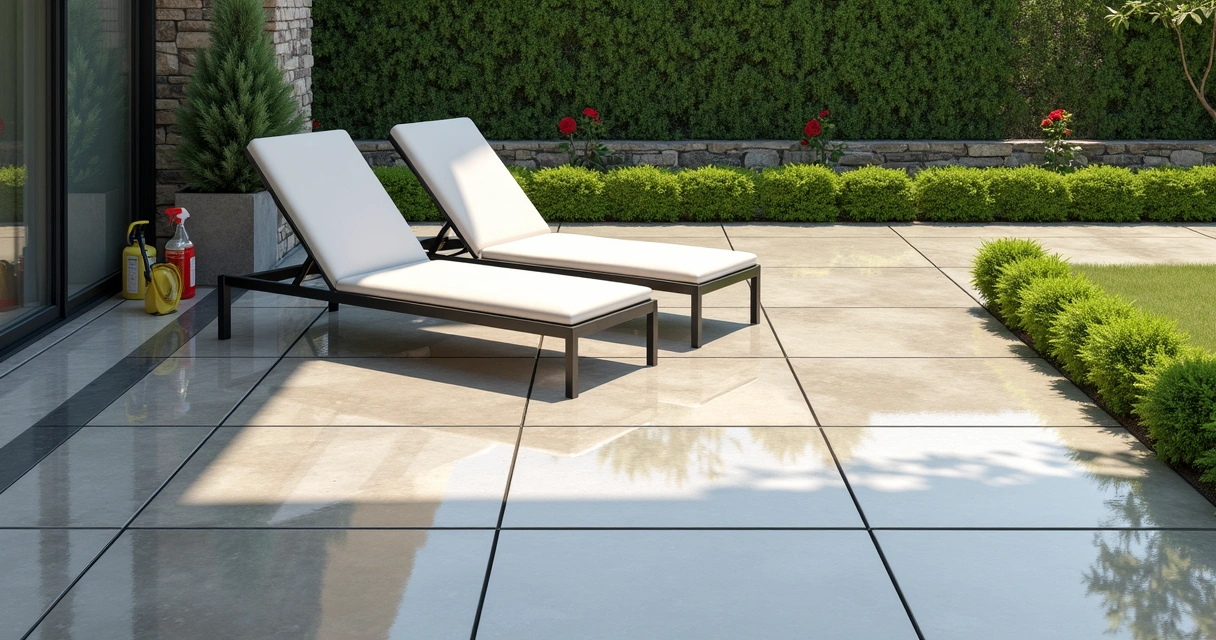 Concrete patio sealed with clear coating and outdoor chairs 