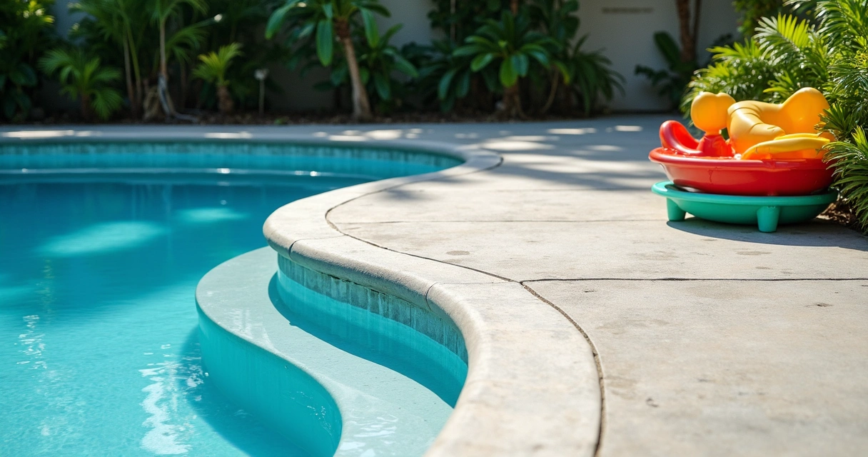 Sealed concrete pool deck with clean water near tropical plants