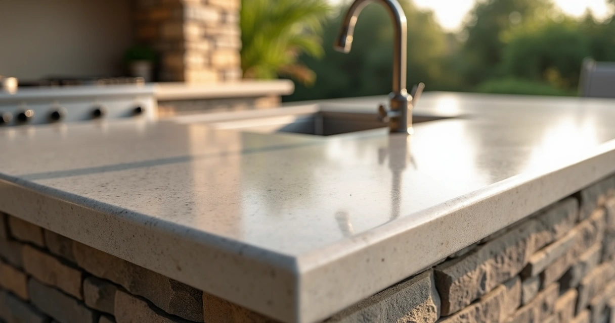 Close-up of freshly sealed stone veneer on an outdoor kitchen island 