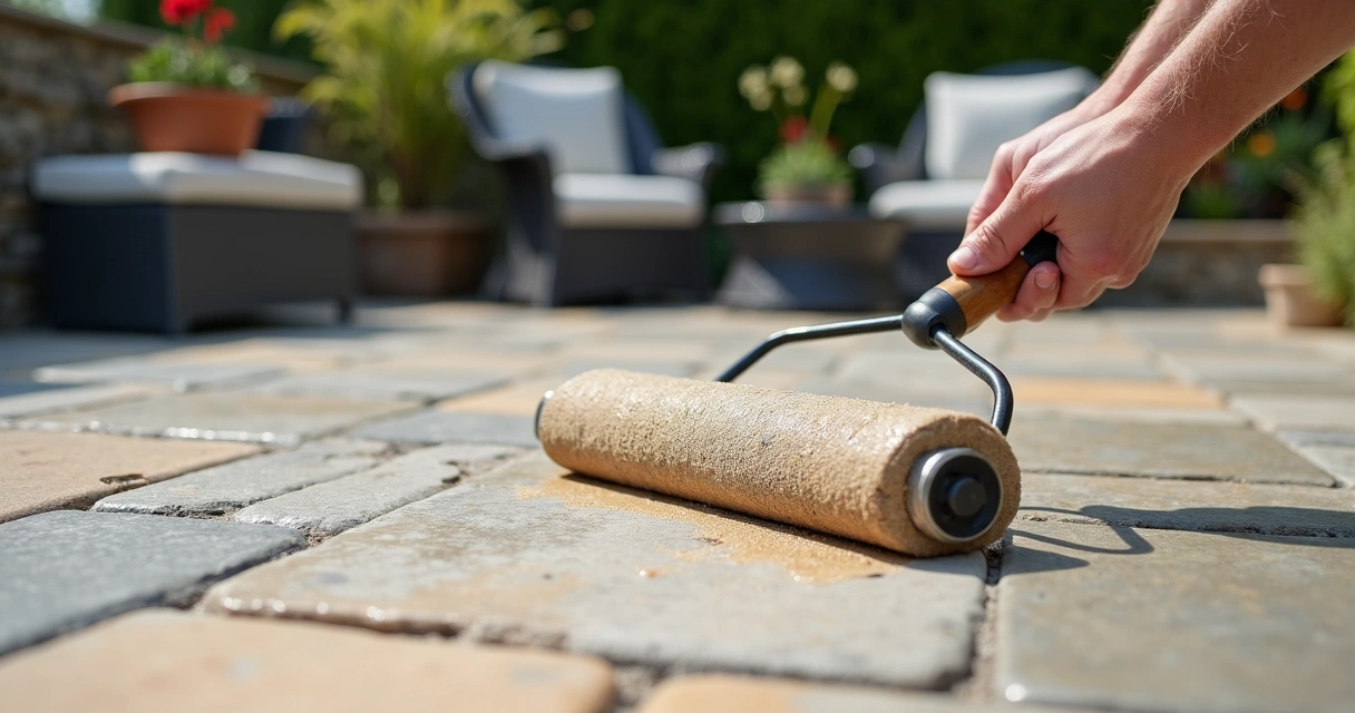 Hands applying sealer with roller on patio pavers 