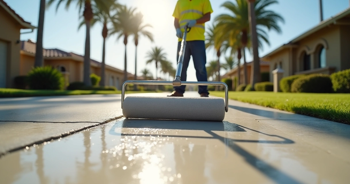 Worker applying sealer to concrete driveway with roller 