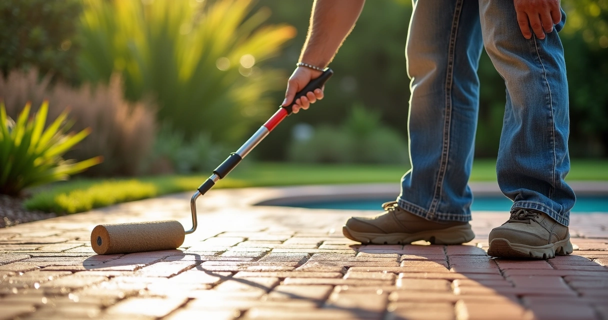 Technician applying sealer with roller on clean brick paver patio 