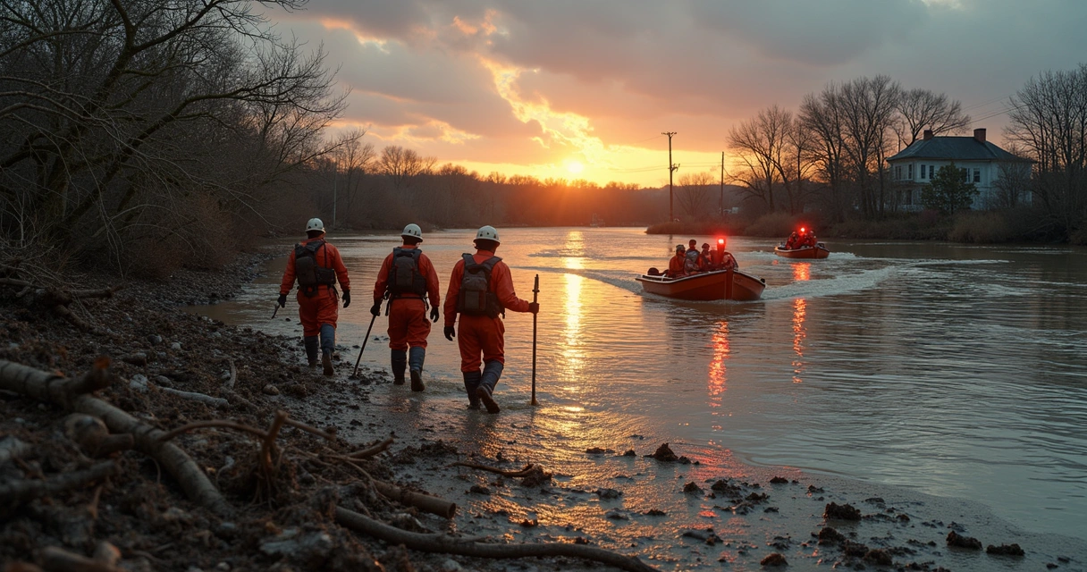 Rescue boats along Guadalupe River with volunteers searching the banks 