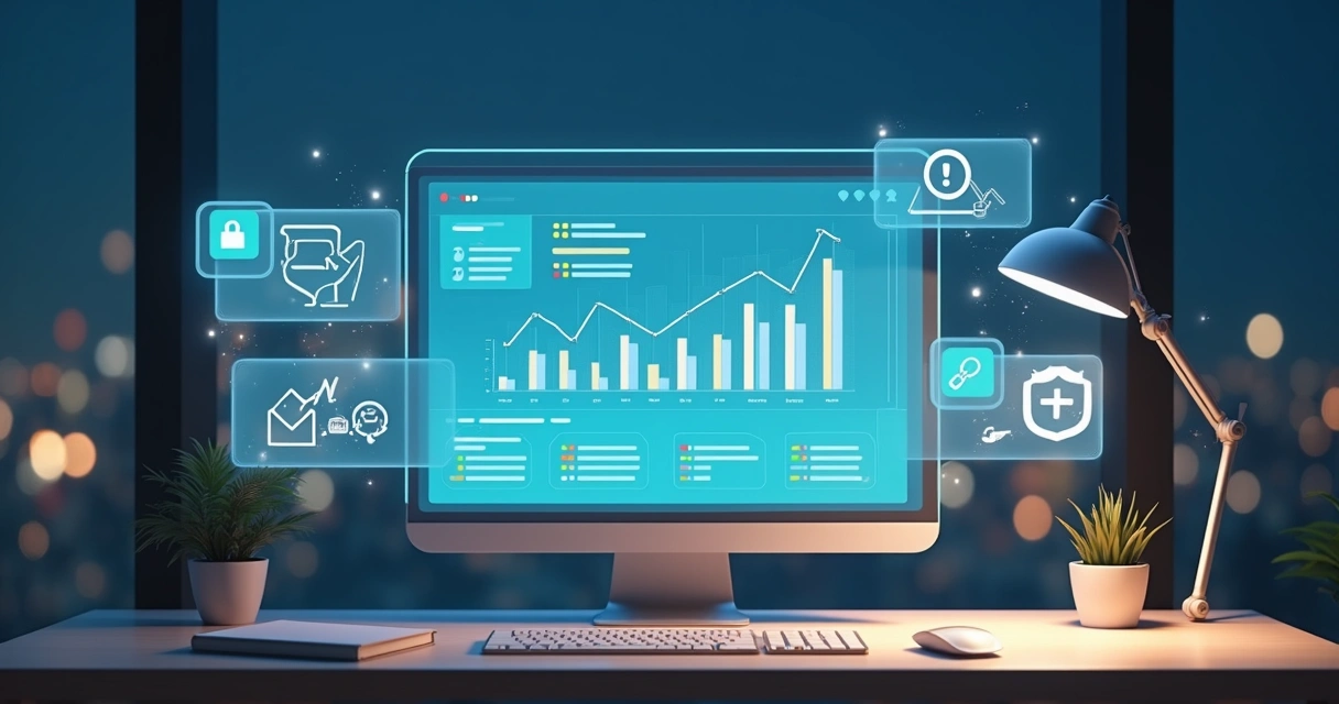 Tela flutuante exibindo painel do Google Search Console com gráficos e ícones de indexação 