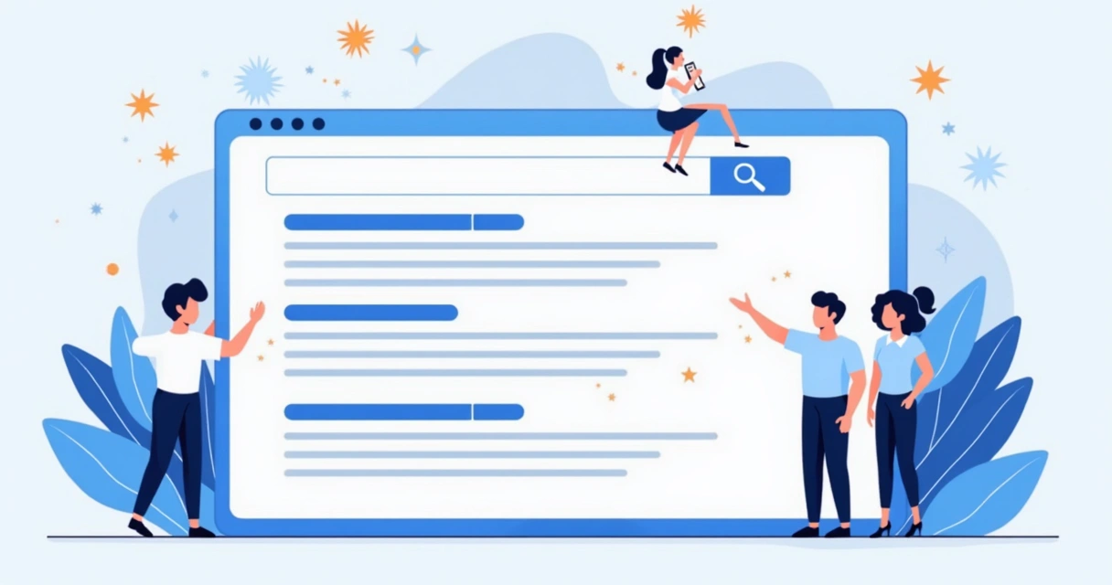 Illustration showing users clicking on search results with highlighted meta descriptions. 