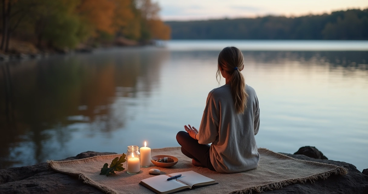 Person performing a candle ritual outdoors during seasonal transition 