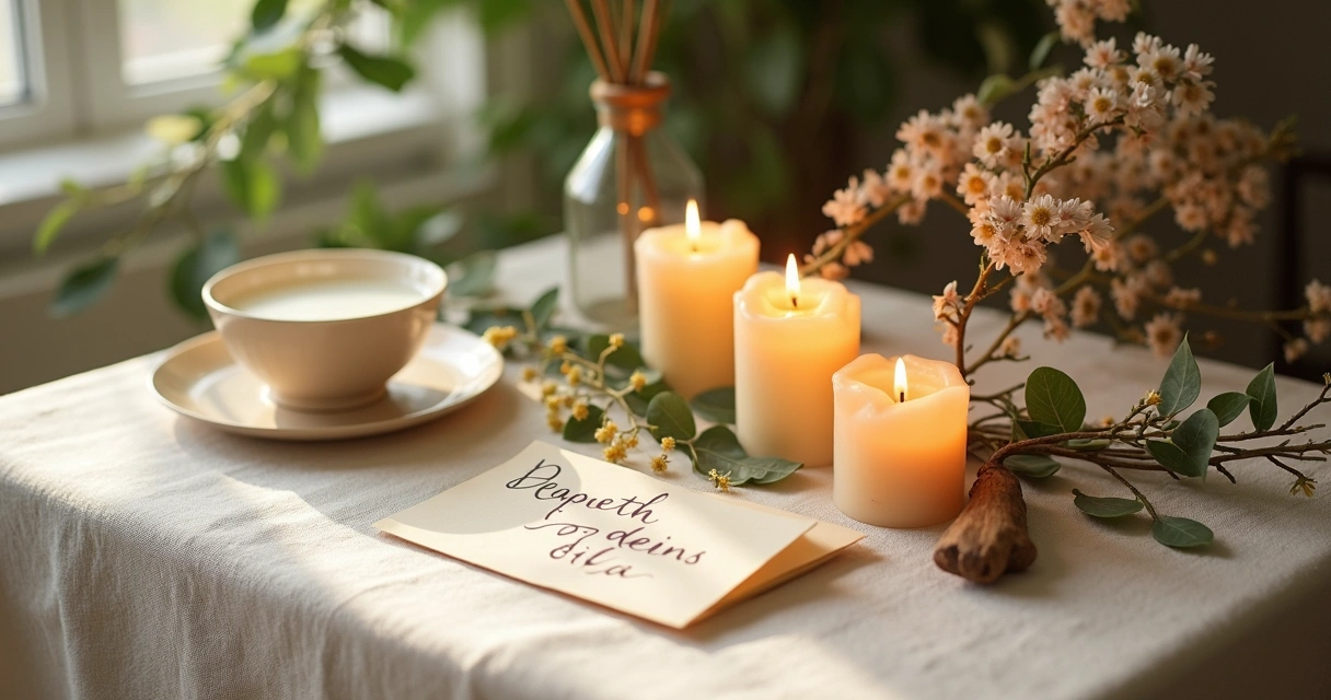Seasonal ritual table with candles and nature elements
