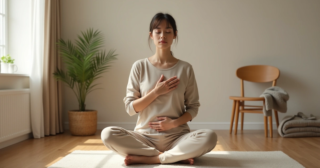 Person sitting quietly with hands on chest and abdomen