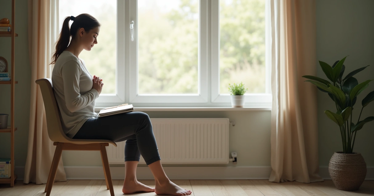 Person sitting quietly with attention on breathing and posture