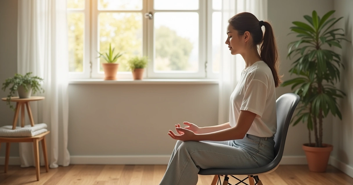 Person sitting quietly while noticing breath and body tension