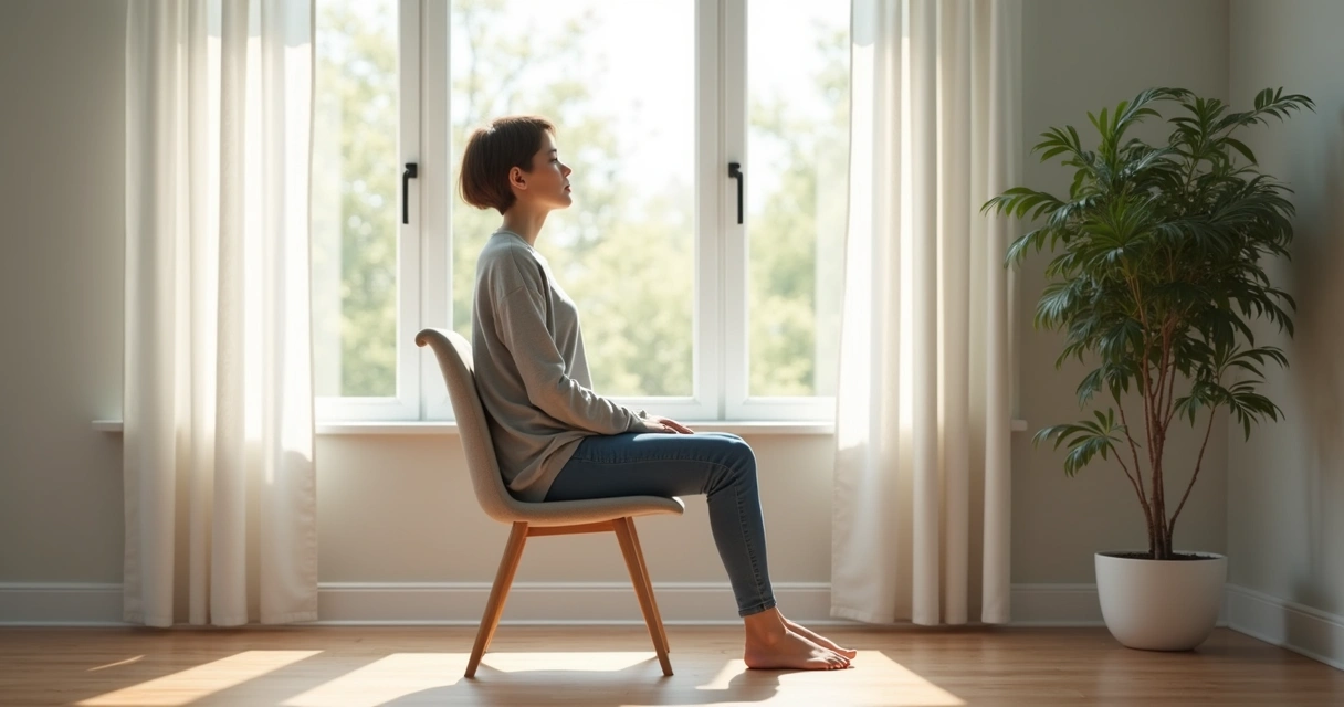 Person seated upright doing calm breath practice by a window 