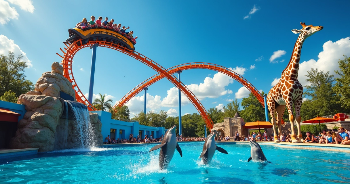 Montanha-russa no SeaWorld com girafa ao fundo 