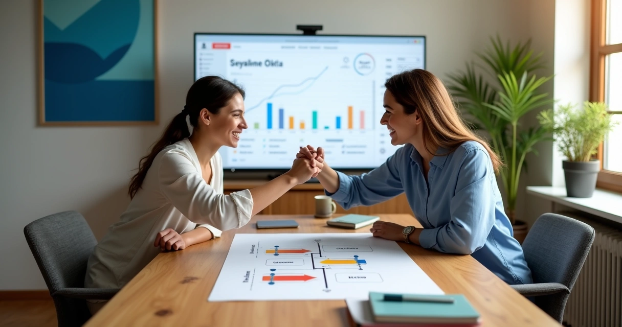 Duas pessoas de pequena empresa selando parceria diante de painel simples de indicadores 