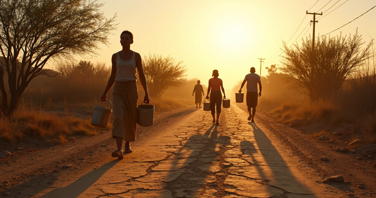 Caminho rural seco e famílias caminhando em região de seca 