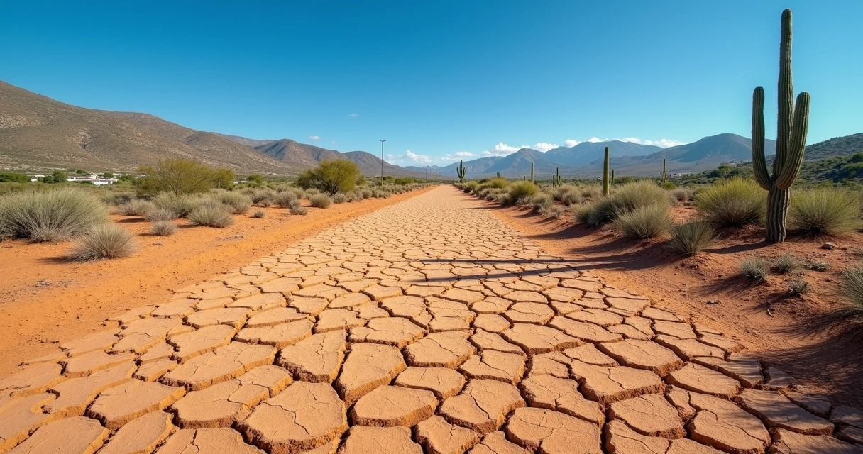 Solo rachado pela seca no sertão potiguar, com vegetação escassa e céu limpo 