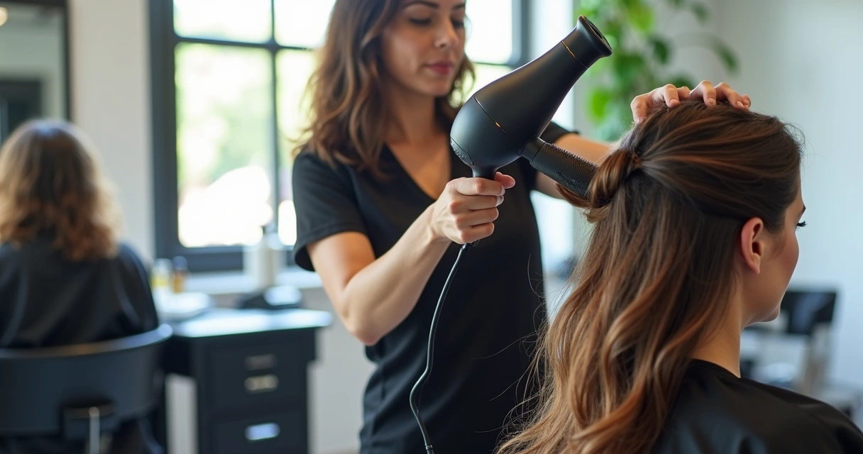 Secador profissional com cabeleireiro finalizando o cabelo com escova redonda 