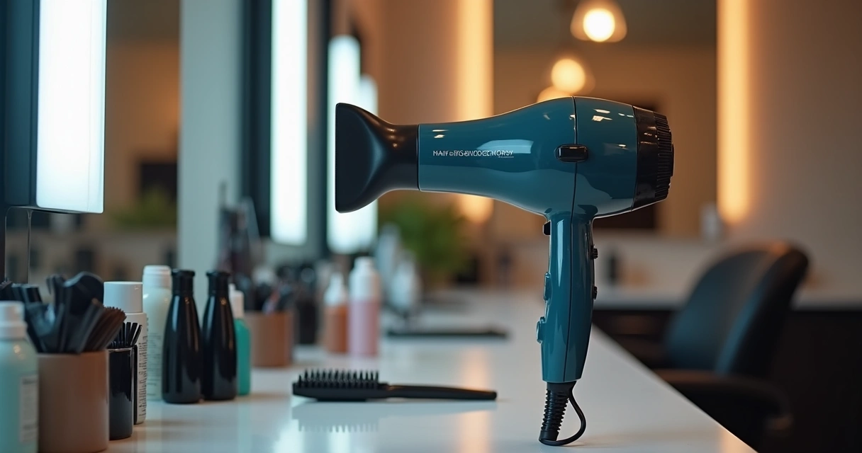 Secador de cabelo profissional sobre bancada de salão de beleza 