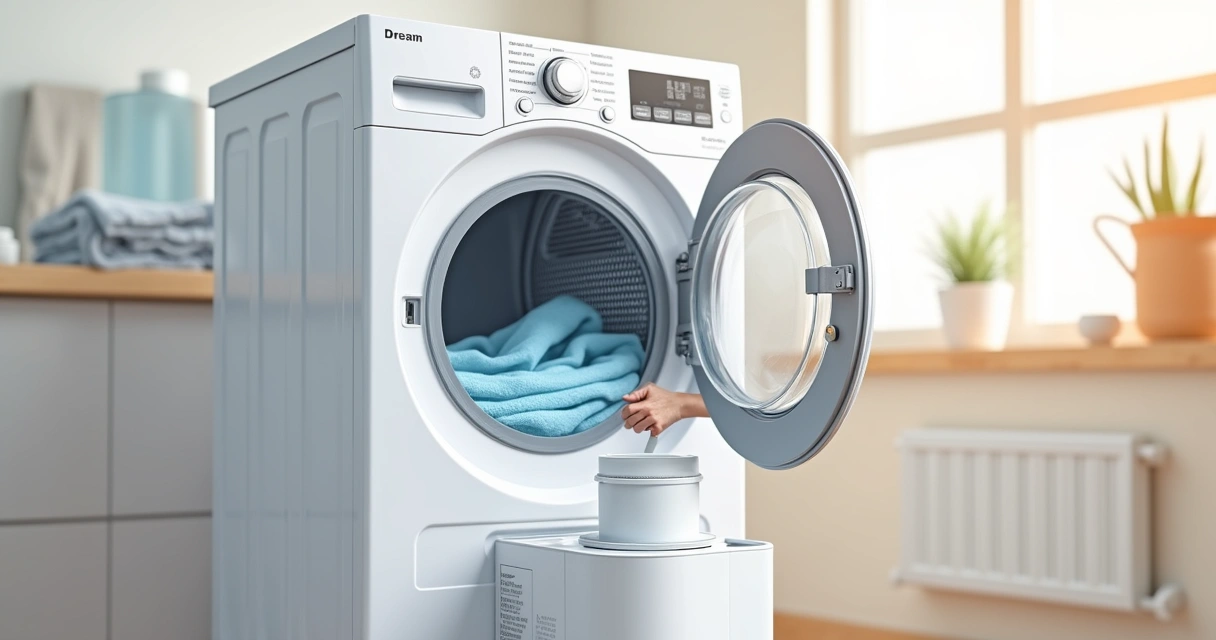 Vista lateral de uma secadora de condensação aberta, mostrando o reservatório de água ao lado 