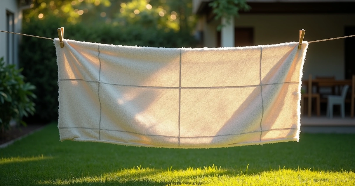 Edredom pendurado no varal à sombra 